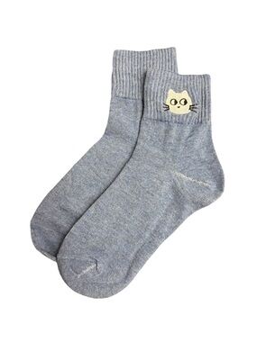 Cute Cat Embroidered Low Crew Socks Heather Gray Womens One Size